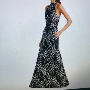 ML Monique Lhuillier Dress Size 10 Black w/white & silver flowers